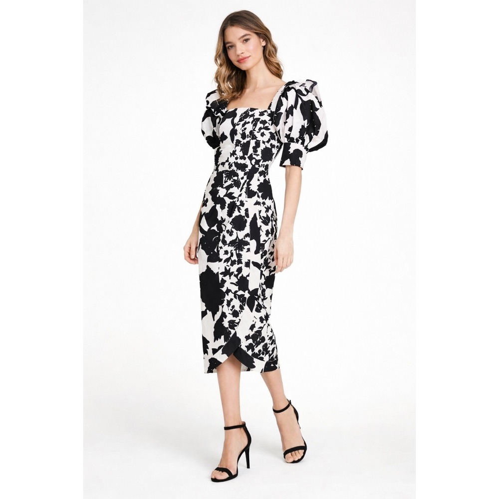 Christopher John‎ Rogers Target Puff Sleeve Midi Dress Size 2 Black White Floral